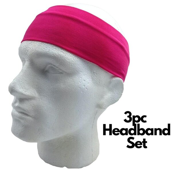 3pc Set Plain Headband Elastic Stretch Sports Yoga Hair Band Unisex Wide Wrap Hot Pink / One-Size