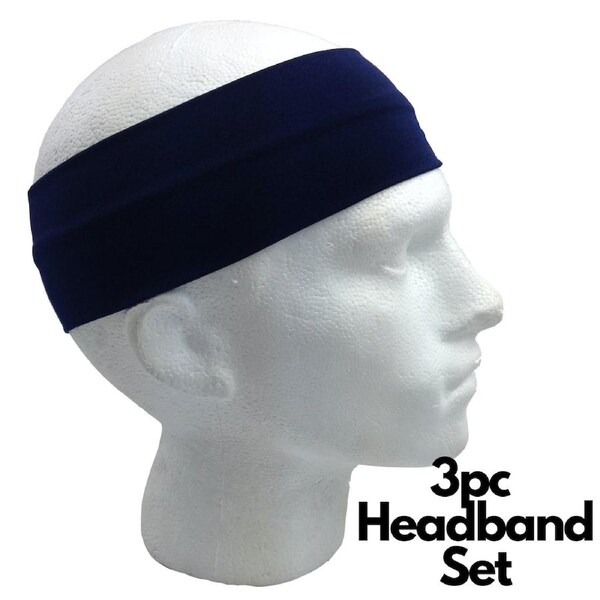 3pc Set Plain Headband Elastic Stretch Sports Yoga Hair Band Unisex Wide Wrap Navy Blue / One-Size