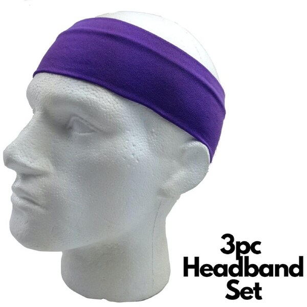 3pc Set Plain Headband Elastic Stretch Sports Yoga Hair Band Unisex Wide Wrap Purple / One-Size