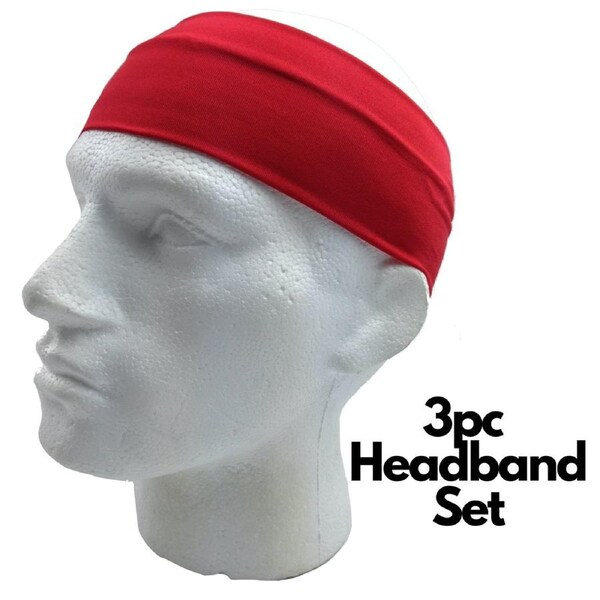 3pc Set Plain Headband Elastic Stretch Sports Yoga Hair Band Unisex Wide Wrap Red / One-Size