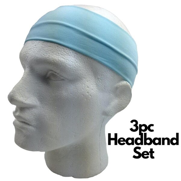 3pc Set Plain Headband Elastic Stretch Sports Yoga Hair Band Unisex Wide Wrap Sky Blue / One-Size