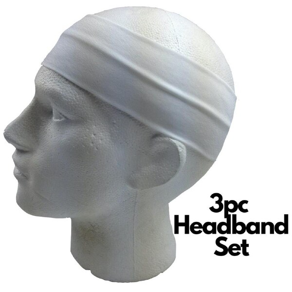 3pc Set Plain Headband Elastic Stretch Sports Yoga Hair Band Unisex Wide Wrap White / One-Size