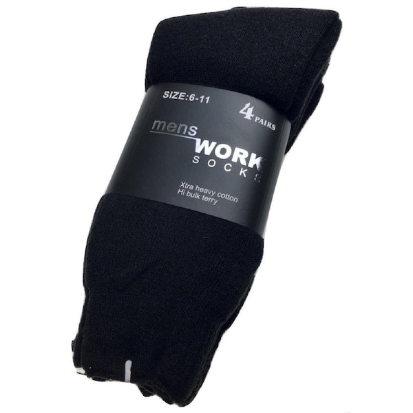 4 Pairs THICK WORK SOCKS Terry Cotton Extra Heavy Duty Outdoor Warm Mens Crew Black / 6-11
