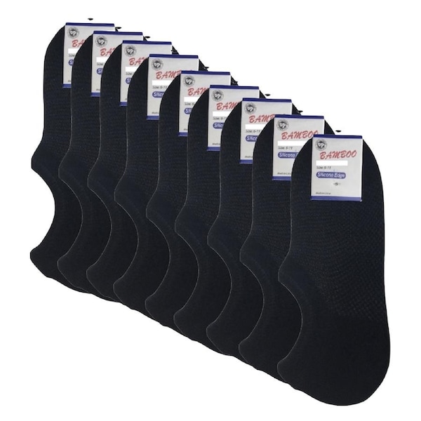 9x Pairs No Show Bamboo Socks Non-Slip Heel Grip Low Cut Invisible Footlet New Black / 6-11