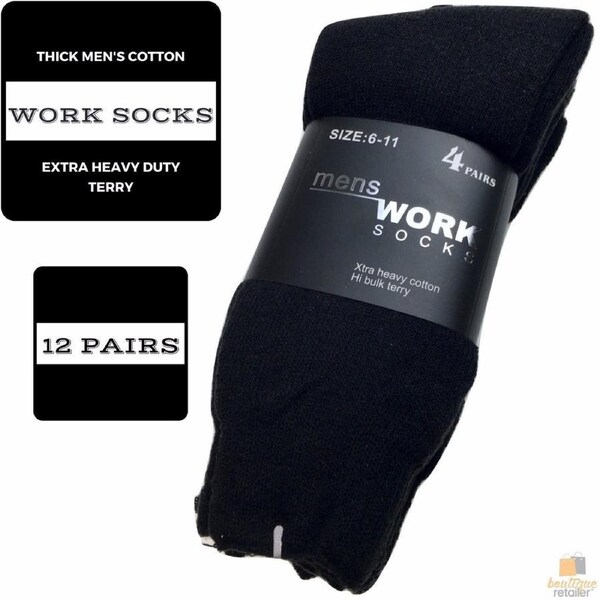 12 Pairs THICK WORK SOCKS Terry Cotton Extra Heavy Duty Outdoor Warm Mens BULK Black / 6-11