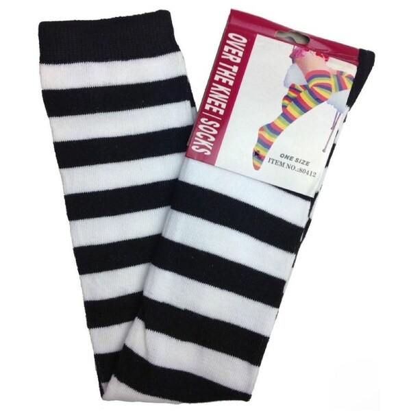 OVER THE KNEE SOCKS Plain Striped High Thigh Ladies Long Womens Stripey Stocking Black/White