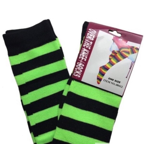 OVER THE KNEE SOCKS Plain Striped High Thigh Ladies Long Womens Stripey Stocking Green/Black