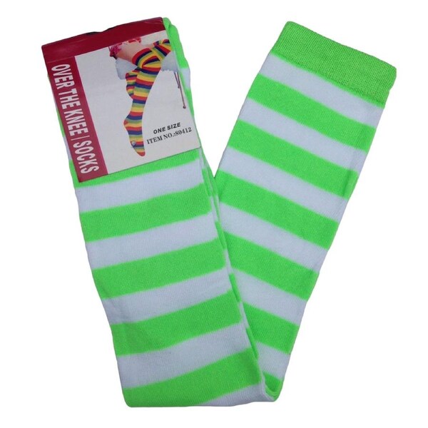 OVER THE KNEE SOCKS Plain Striped High Thigh Ladies Long Womens Stripey Stocking Green/White