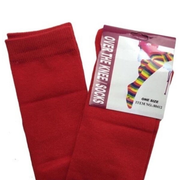 OVER THE KNEE SOCKS Plain Striped High Thigh Ladies Long Womens Stripey Stocking Plain Red