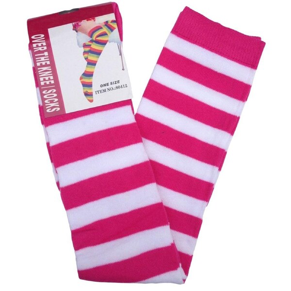 OVER THE KNEE SOCKS Plain Striped High Thigh Ladies Long Womens Stripey Stocking Pink/White