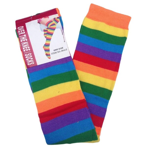 OVER THE KNEE SOCKS Plain Striped High Thigh Ladies Long Womens Stripey Stocking Rainbow