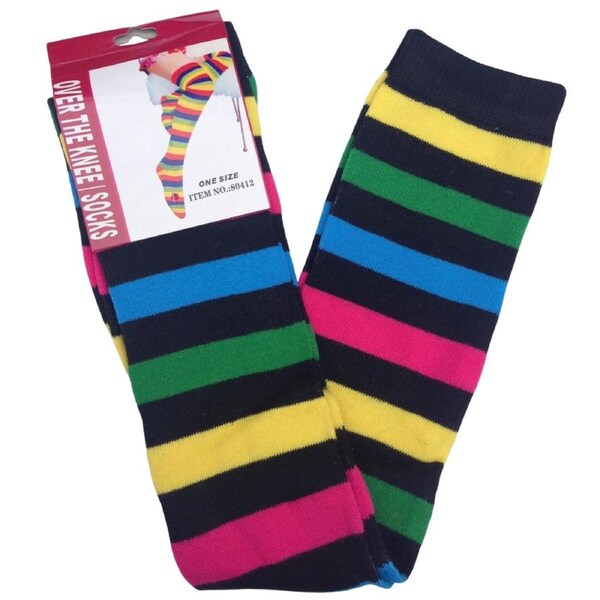 OVER THE KNEE SOCKS Plain Striped High Thigh Ladies Long Womens Stripey Stocking Rainbow with Black Stripe