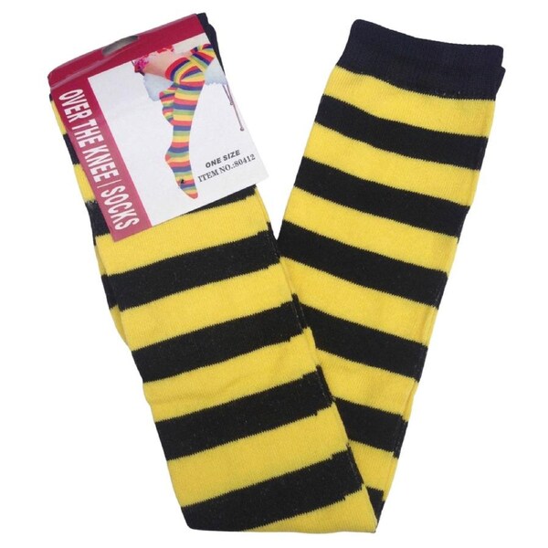 OVER THE KNEE SOCKS Plain Striped High Thigh Ladies Long Womens Stripey Stocking Yellow/Black
