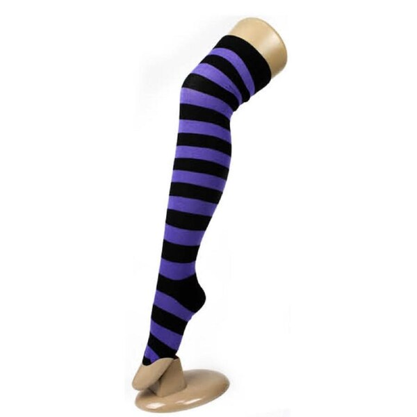 OVER THE KNEE SOCKS Plain Striped High Thigh Ladies Long Womens Stripey Stocking Black/Purple
