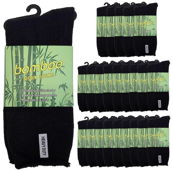 24 Pairs PREMIUM BAMBOO SOCKS Mens Heavy Duty Thick Work Socks Cushion BULK Black / 11-14