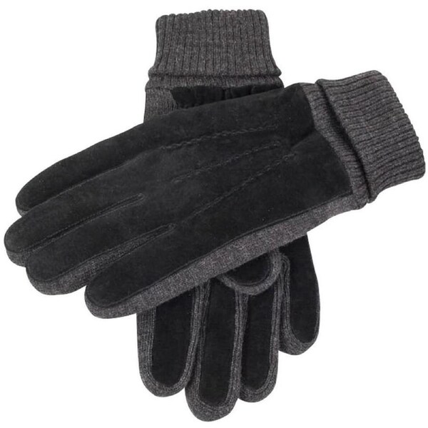 Dents Mens Pigsuede Gloves With Acrylic Knit Cuff 3 And Fleece Lining Winter Black/Charcoal / Medium