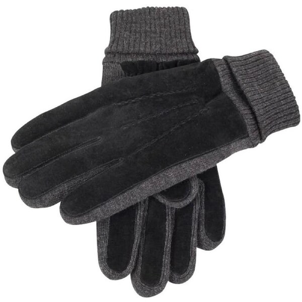 Dents Mens Pigsuede Gloves With Acrylic Knit Cuff 3 And Fleece Lining Winter Black/Charcoal / X-Large