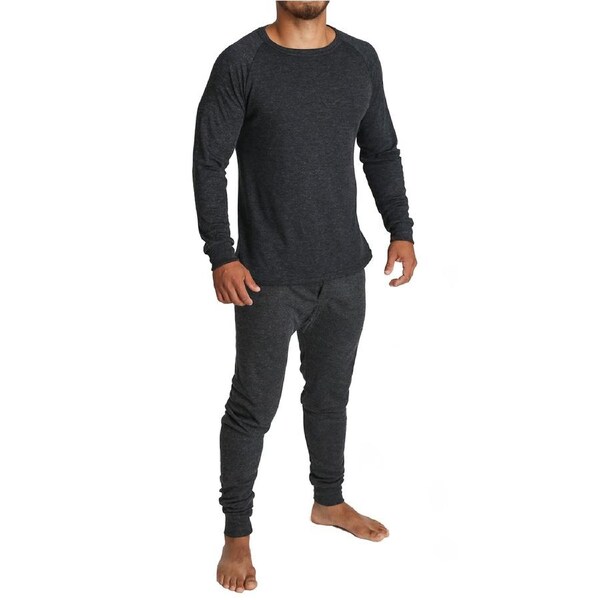 2pcs Set Mens Merino Wool Blend Long Sleeve Thermal Top & Long Johns Pants Underwear Black / S