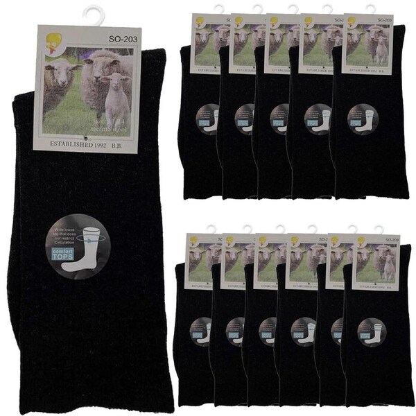 Merino Wool Mens Loose Top Thermal Socks Diabetic Comfort Circulation - 12 Pairs Black / 2-8