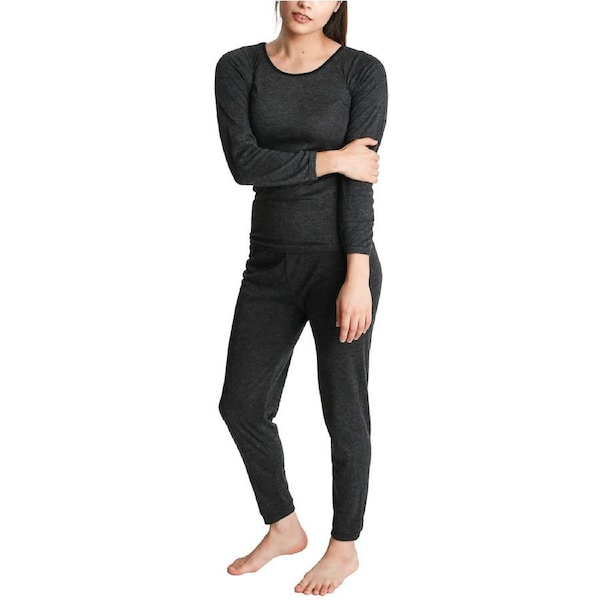2pcs Womens Merino Wool Blend Top & Pants Thermal Set Leggings Long Johns Underwear Black / 14-16