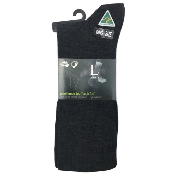 AUSTRALIAN MADE Wool Loose Top Socks Wide Top Comfort High Quality Tough Toe Charcoal / 6-10