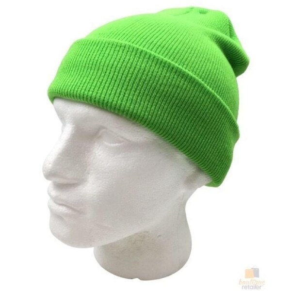 PLAIN FLURO BEANIE Hi Vis Unisex Winter Warm Hat Ski Party Costume Cap Knit Fluro Green