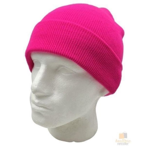 PLAIN FLURO BEANIE Hi Vis Unisex Winter Warm Hat Ski Party Costume Cap Knit Fluro Pink