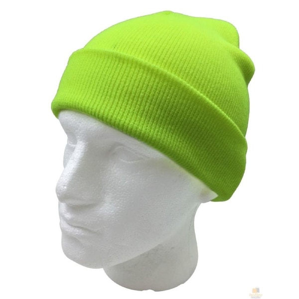 PLAIN FLURO BEANIE Hi Vis Unisex Winter Warm Hat Ski Party Costume Cap Knit Fluro Yellow