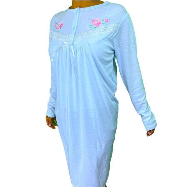 Womens Ladies Cotton Nightie Night Gown Pajamas Pyjamas Sleepwear PJ Blue / 22