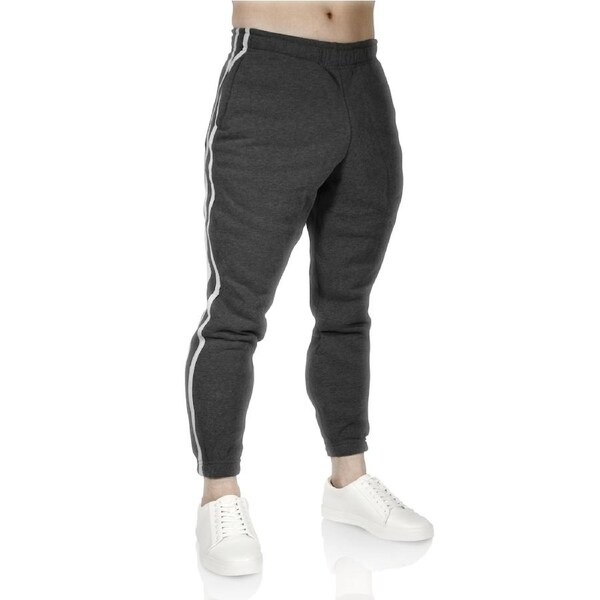 Mens Fleece Skinny Track Pants Jogger Gym Casual Sweat Trackies Warm Trousers Black/White Stripe / L