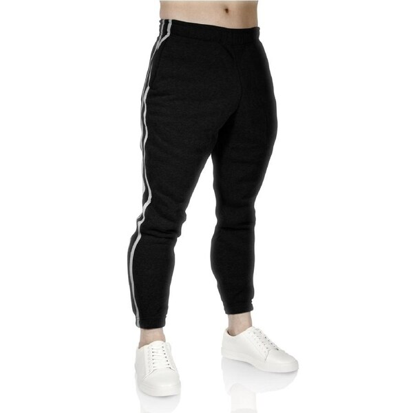 Mens Fleece Skinny Track Pants Jogger Gym Casual Sweat Trackies Warm Trousers Black/White Stripe / XXL