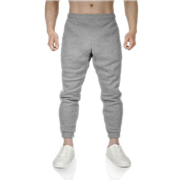 Mens Fleece Skinny Track Pants Jogger Gym Casual Sweat Trackies Warm Trousers Grey Marle/White Stripe / M