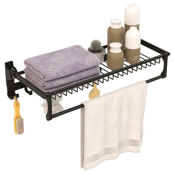 Giantex Wall Mounted Bathroom Shelf Aluminum Shower Storage Rack Foldable Towel Holder Organiser w/Towel Bar & Movable Hooks