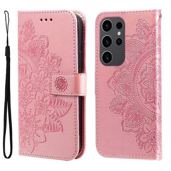 For Samsung Galaxy S24 Ultra Case, Mandala Emboss, Folio PU Leather Wallet, Stand, Rose Gold