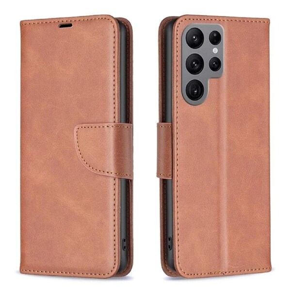 For Samsung Galaxy S24 Ultra Case, Lambskin Texture, Folio PU Leather Wallet, Lanyard, Brown