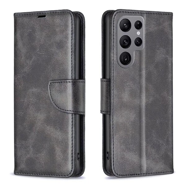 For Samsung Galaxy S24 Ultra Case, Lambskin Texture, Folio PU Leather Wallet, Lanyard, Black