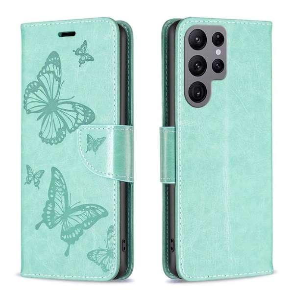 For Samsung Galaxy S24 Ultra Case, Butterflies Emboss, Folio PU Leather Wallet, Stand, Green