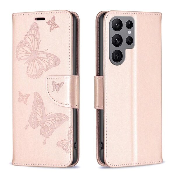 For Samsung Galaxy S24 Ultra Case, Butterflies Emboss, Folio PU Leather Wallet, Stand, Rose Gold