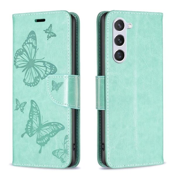 For Samsung Galaxy S24 Case, Butterflies Emboss, Folio PU Leather Wallet, Stand, Green