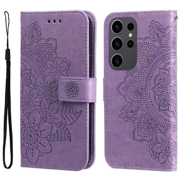 For Samsung Galaxy S24 Ultra Case, Mandala Emboss, Folio PU Leather Wallet, Stand, Light Purple