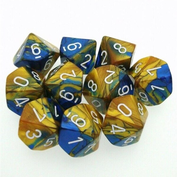 CHX 26222 Gemini Polyhedral Blue-Gold/White Set of Ten d10s