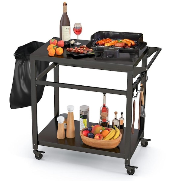 Costway Kitchen Island Trolley 2-Shelf Movable BBQ Grill Cart Food Prep Worktable Wheels & Trash Bag Holder