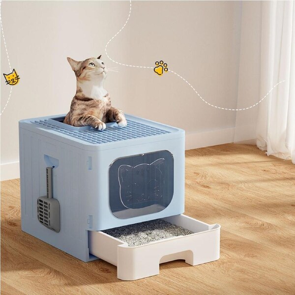 1 pcs i.Pet Cat Litter Box Large Tray Kitty Toilet Enclosed Hooded Foldable Scoop Blue