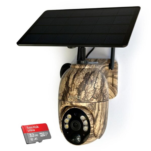 Elinz WiFi PTZ Solar Powered Camouflage Outdoor Security Camera 3MP 2K HD Resolution IP65 Home Surveillance CCTV 32GB