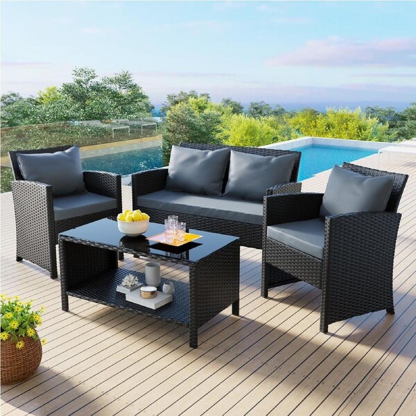 ALFORDSON 4PCS Outdoor Sofa Set Wicker Lounge Setting Black with Pillow