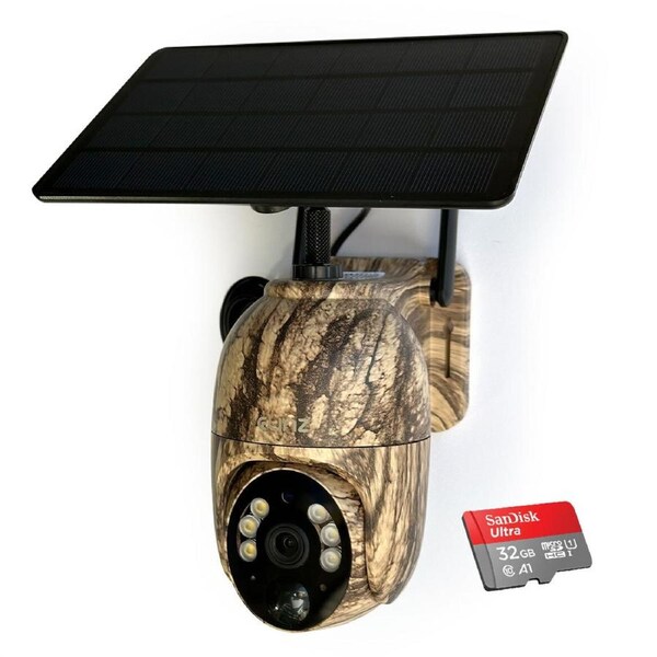 Elinz 4G Cellular PTZ Solar Powered Camouflage Outdoor Security Camera 3MP 2K HD Resolution PTZ IP65 for Trail Wildlife Surveillance CCTV 32GB