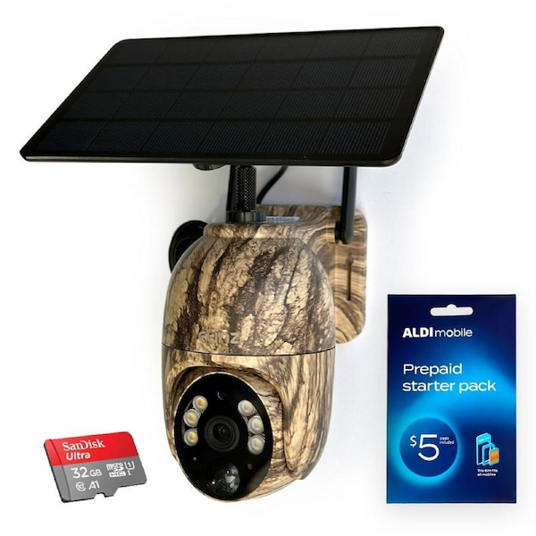 Elinz 4G Cellular PTZ Solar Powered Camouflage Outdoor Security Camera 3MP 2K HD Resolution IP65 for Trail Wildlife Surveillance CCTV 32GB Aldi