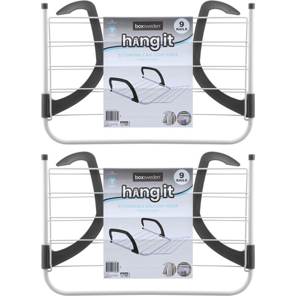 2x Boxsweden Hangit 60cm Extendable 9-Rails Balcony Airer Laundry Drying Rack WH