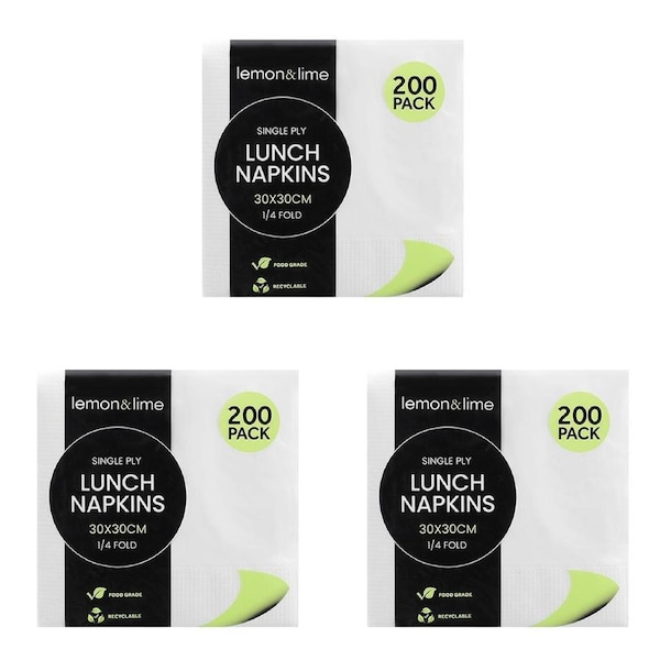 3x 200PK Lemon & Lime 30cm Lunch 1-Ply Napkin 1/4 Fold Table Paper Towel White