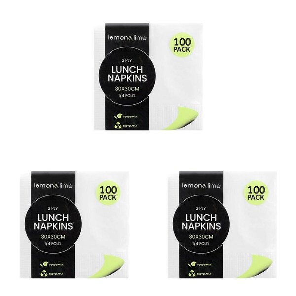 3x 100PK Lemon & Lime 30cm Lunch 2-Ply Napkin 1/4 Fold Table Paper Towel White